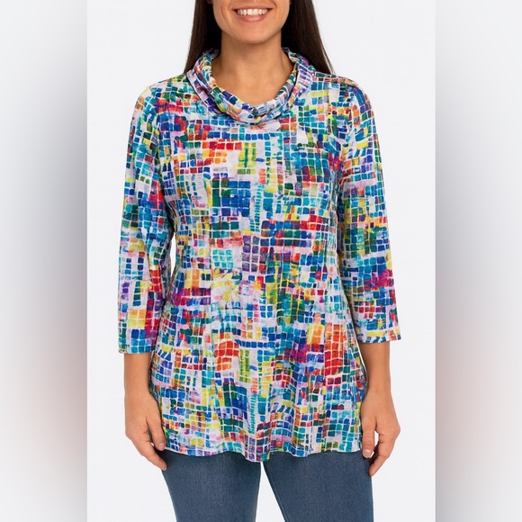 Ali Miles Tops - Ali Miles Rainbow Colored Geometric 3/4 Sleeve Sheer Top Sz Medium